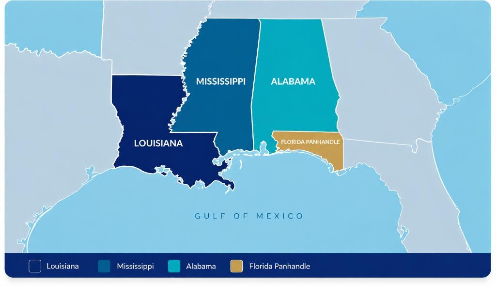 Service area map showing Louisiana, Mississippi, Alabama, and the Florida Panhandle