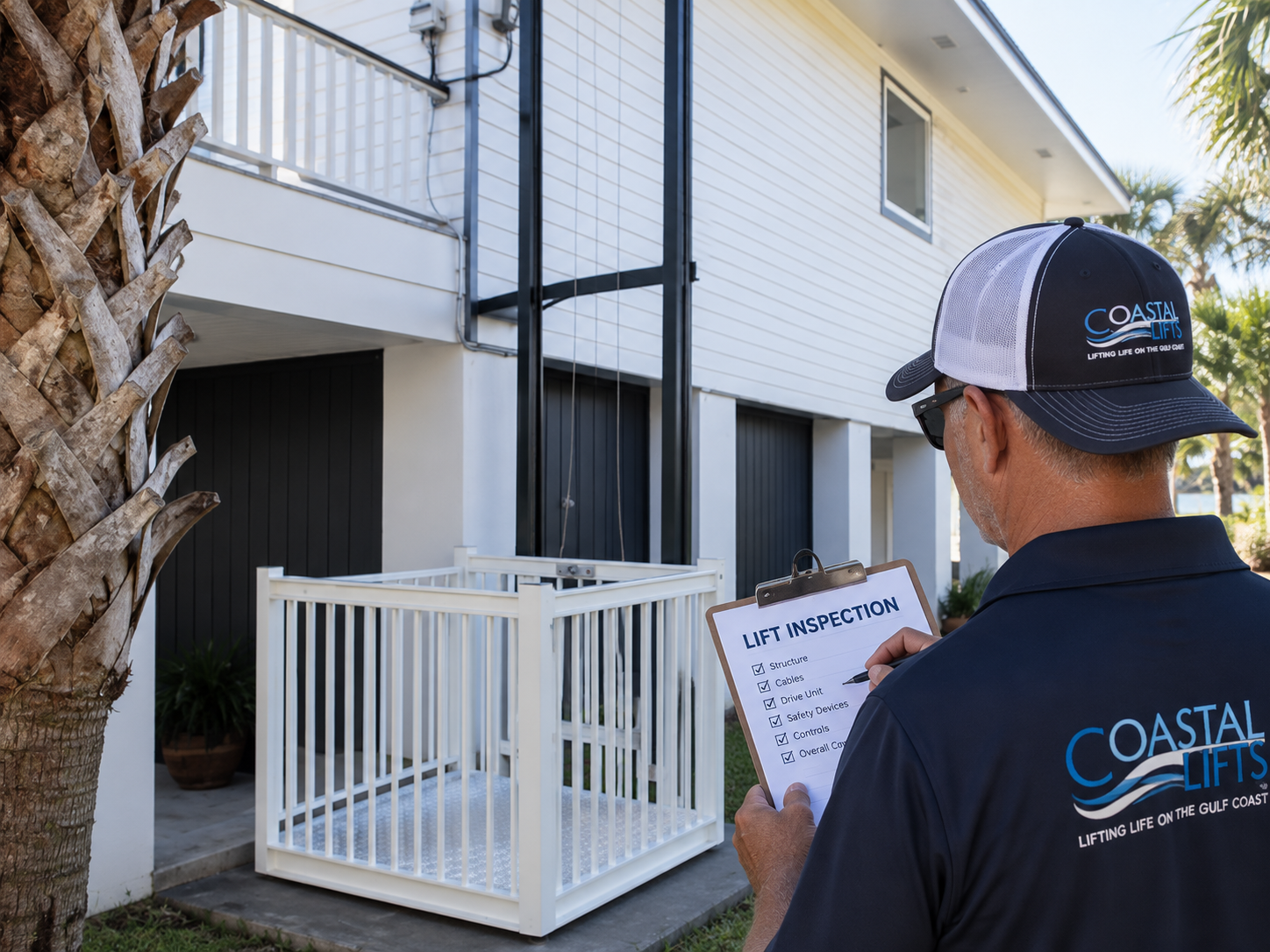 Professional lift inspector reviewing checklist at a coastal property